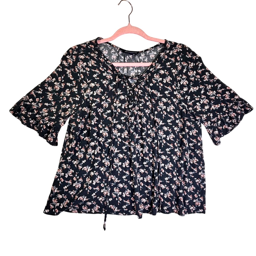 American Eagle Floral Lace Up Peasant Top Ruffle Sleeve Black Large